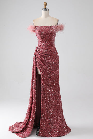 Sirena Fuori dalla spalla Blush Paillettes Abito da ballo con fessura